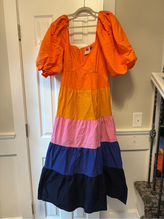 FARM Rio Dresses & Skirts - Farm Rio Colorblock Tiered Balloon Sleeve Maxi Dress L Pink Orange Purple Navy